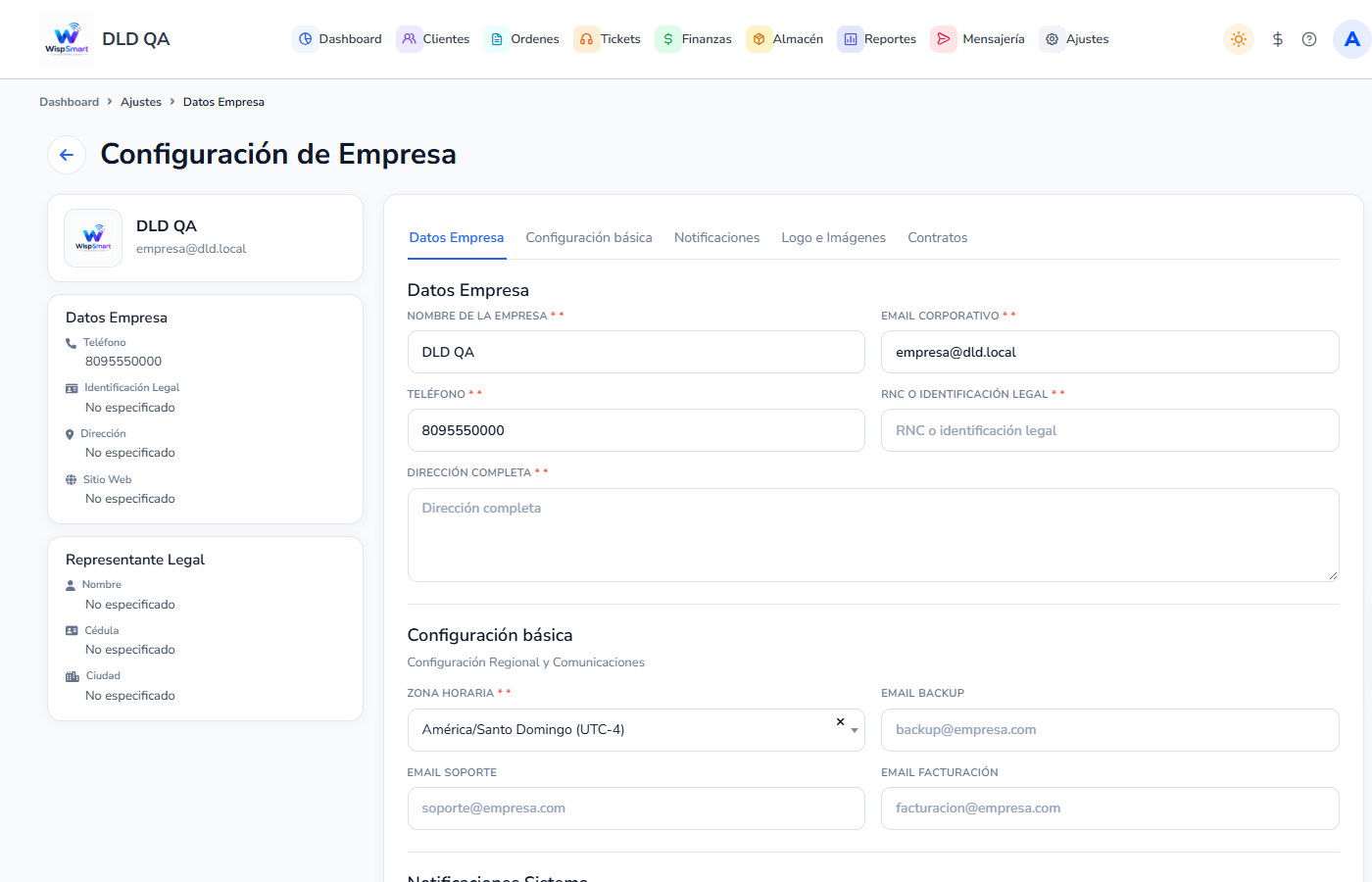 Vista: Datos de empresa