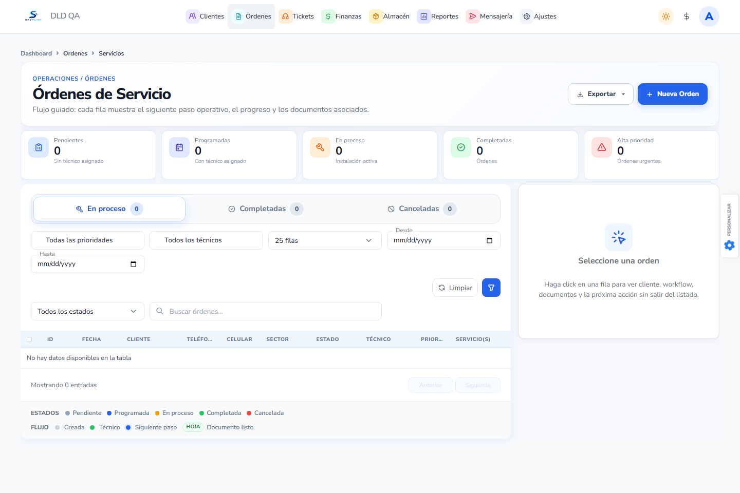 Vista: listado de órdenes de servicio