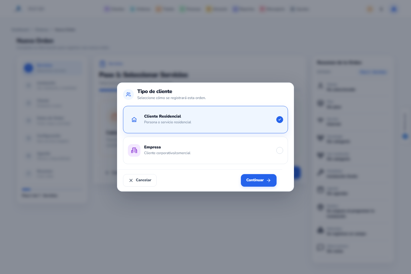 Vista: tipo de cliente en el wizard